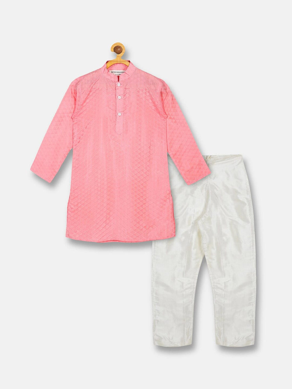 Sethukrishna Boys Pink Self Design Jacquard Art Silk Kurta with Pyjamas | Grocsy
