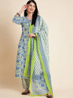 Sangria White Floral Printed V-Neck Pure Cotton Anarkali Kurta With Trouser & Dupatta | Grocsy