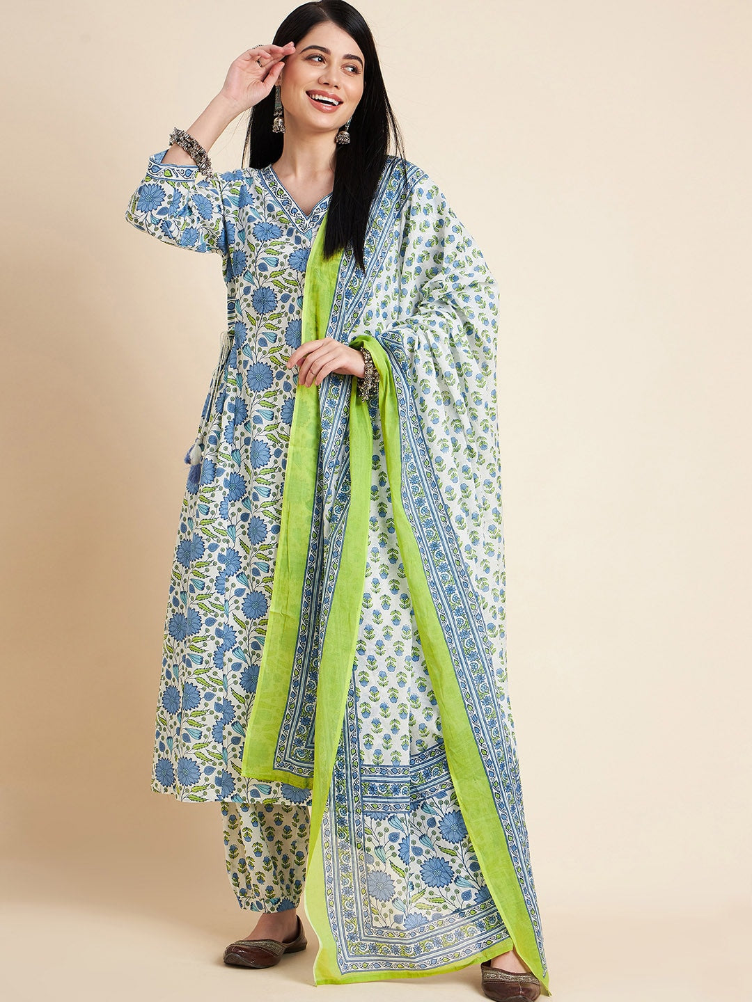 Sangria White Floral Printed V-Neck Pure Cotton Anarkali Kurta With Trouser & Dupatta | Grocsy