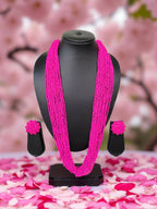 Inhanns Rangsaaz 20-Layer Luxe Long Beaded Necklace (With Optional Statement Earrings) - Pink With Earring | Grocsy