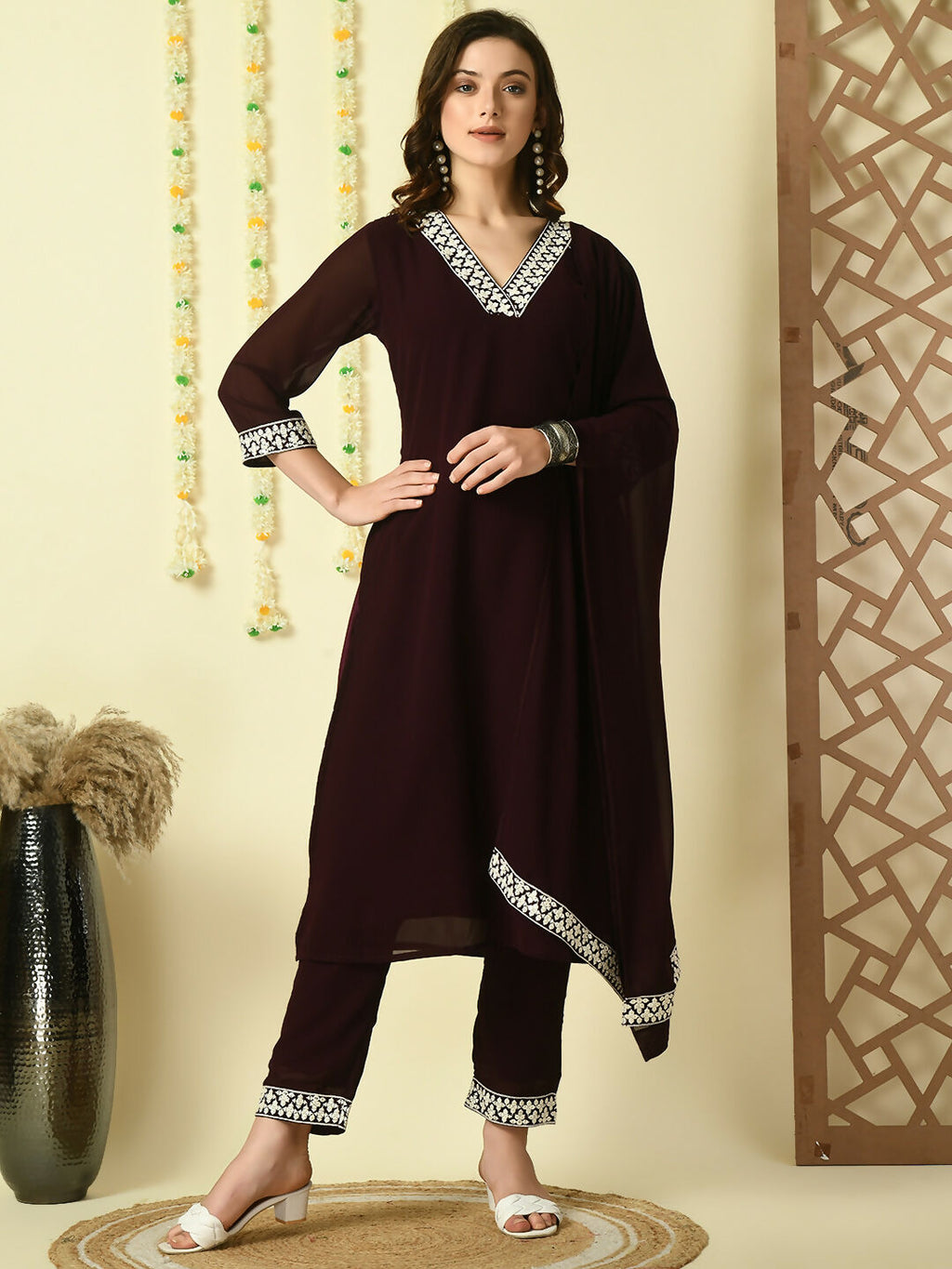 Myshka Women's Coffee Brown Georgette Kurta & Trousers With Dupatta Party Sets | Grocsy