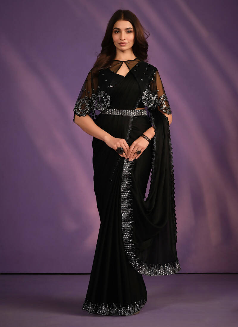 Black Crepe Satin Silk Embroidered Saree With Stitched Blouse - Mohmanthan Exotica | Grocsy