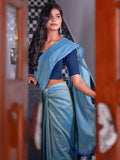 Zibaa Hand-Dyed Mul Cotton Teal Blue Saree with Tassels | Grocsy