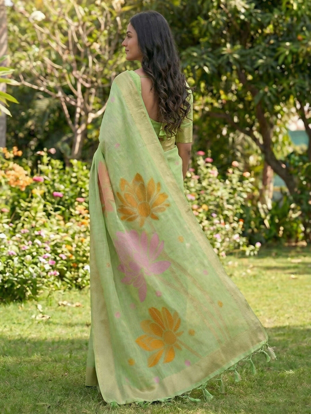 Shree Shyam Fashion Green Linen Cotton Saree | Grocsy