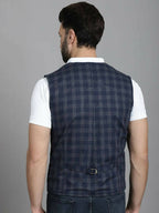 Even Apparels Checked Waistcoat With Welt Pockets - Navy Blue | Grocsy