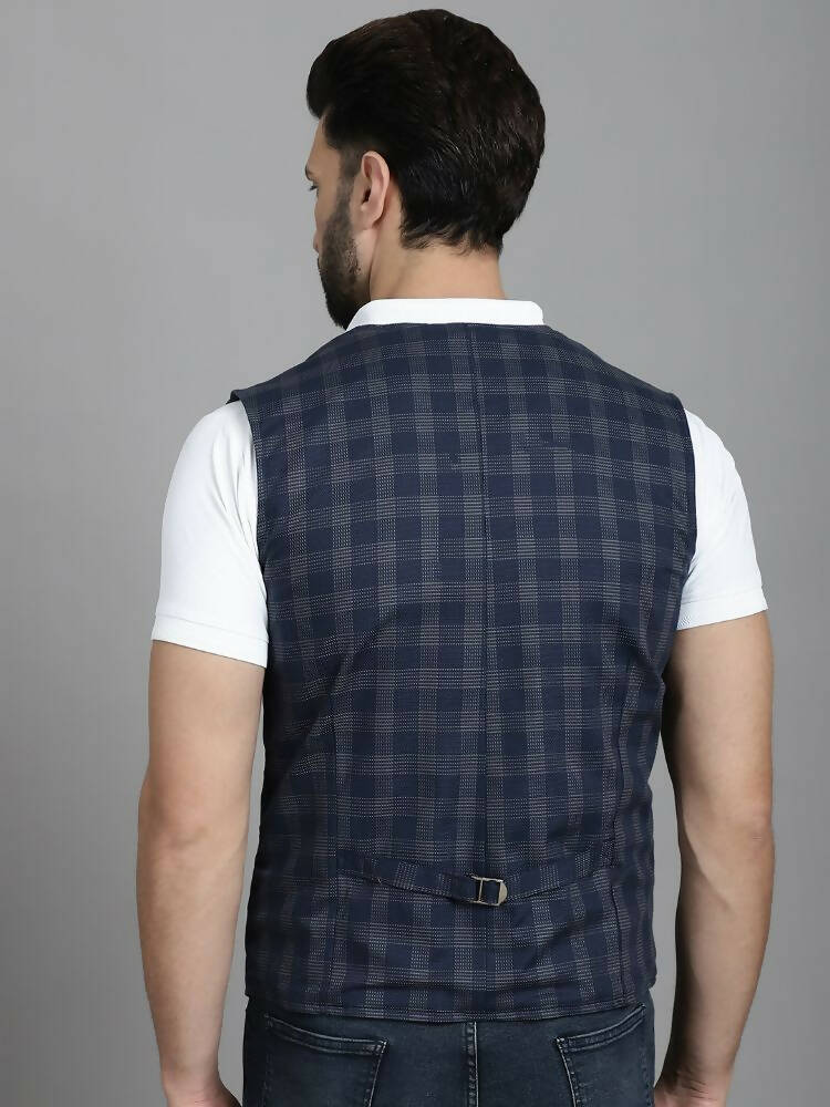 Even Apparels Checked Waistcoat With Welt Pockets - Navy Blue | Grocsy