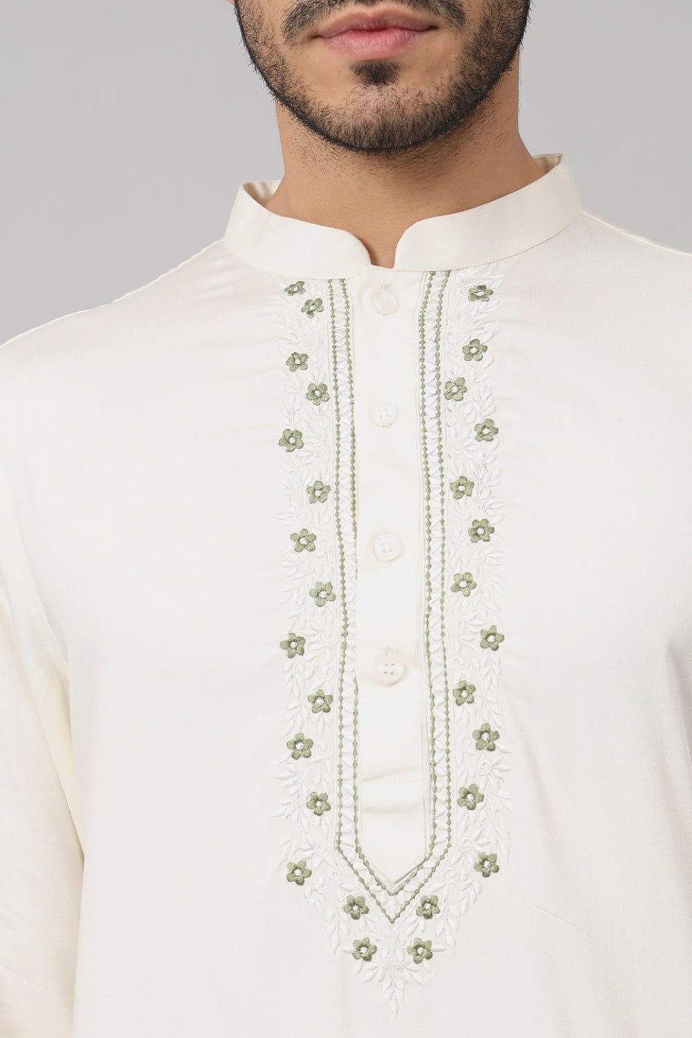 Floral Neckline Embroidered Cotton Kurta by Hilo Design | Grocsy