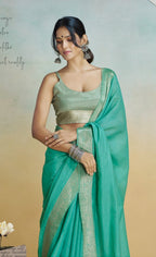 Anaita Mint Handloom Khadi Silk Zari Woven Work Saree With Blouse Piece | Grocsy