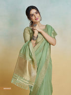 Anaita Olive Handloom Khadi Silk Zari Woven Work Saree With Blouse Piece | Grocsy