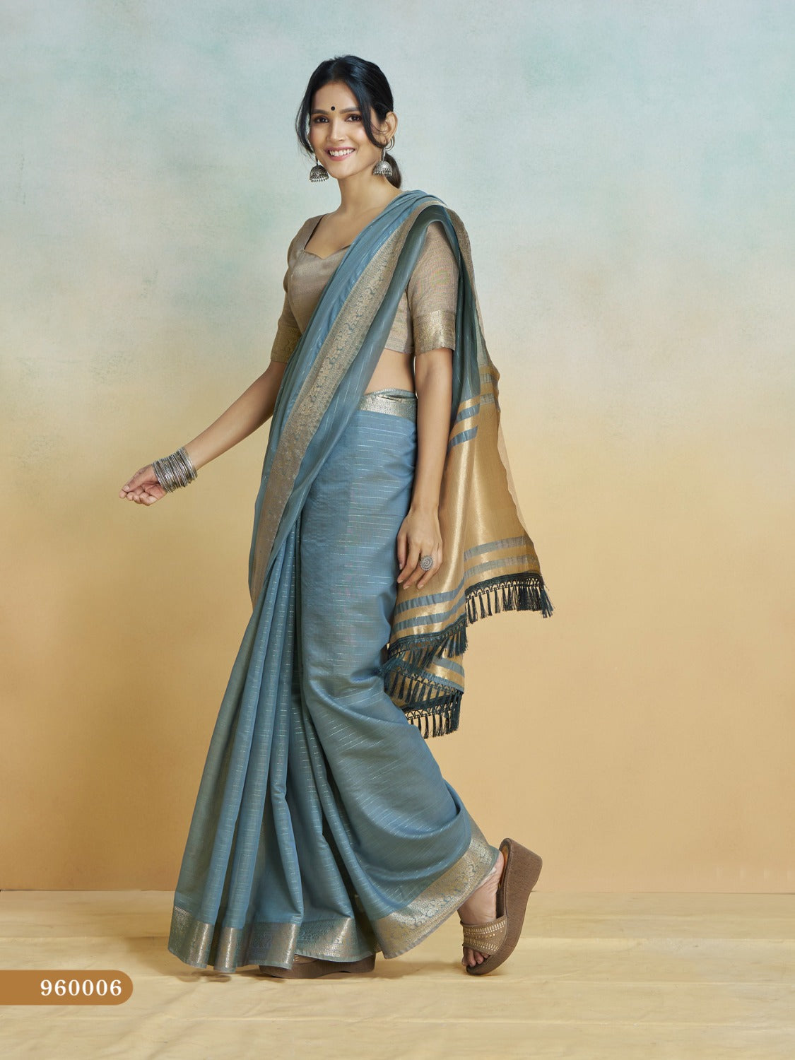 Anaita Blue Handloom Khadi Silk Zari Woven Work Saree With Blouse Piece | Grocsy
