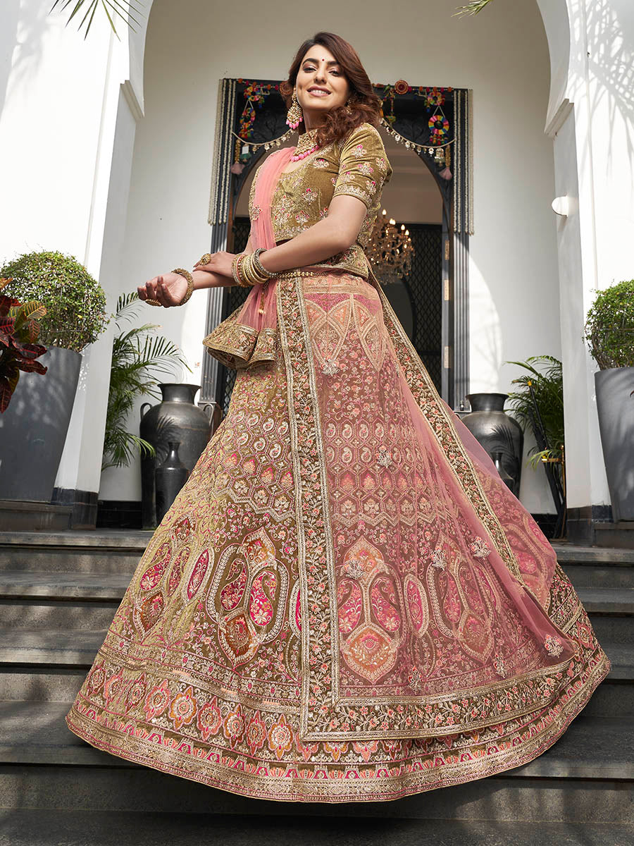 Myra Olive Green Velvet Embroidered Designer Lehenga | Grocsy