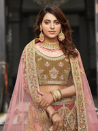 Myra Olive Green Velvet Embroidered Designer Lehenga | Grocsy