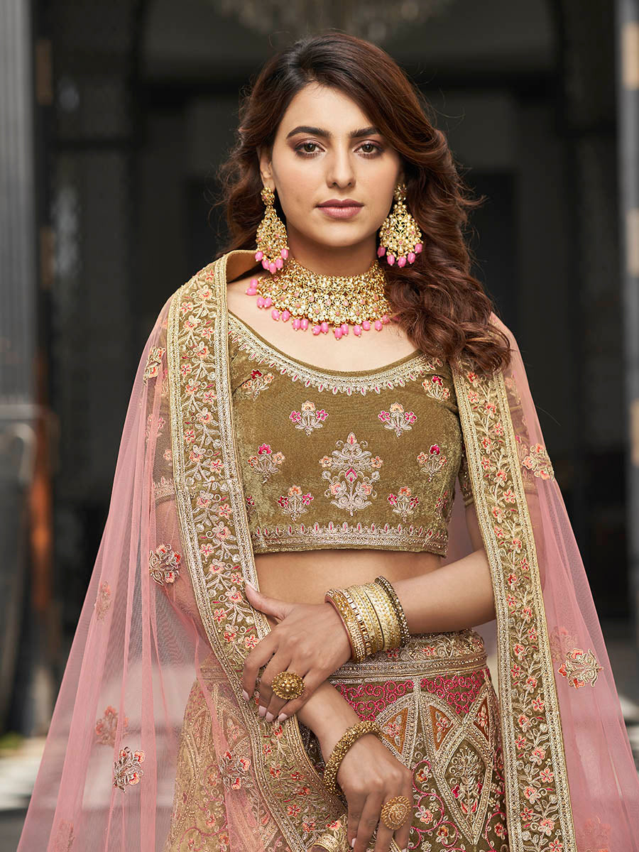 Myra Olive Green Velvet Embroidered Designer Lehenga | Grocsy