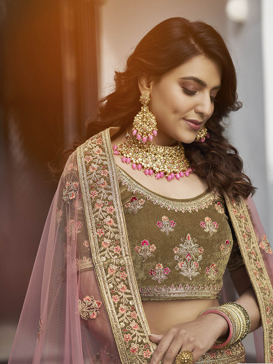Myra Olive Green Velvet Embroidered Designer Lehenga | Grocsy