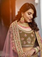 Myra Olive Green Velvet Embroidered Designer Lehenga | Grocsy