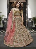 Myra Olive Green Velvet Embroidered Designer Lehenga | Grocsy