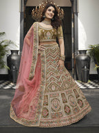 Myra Olive Green Velvet Embroidered Designer Lehenga | Grocsy