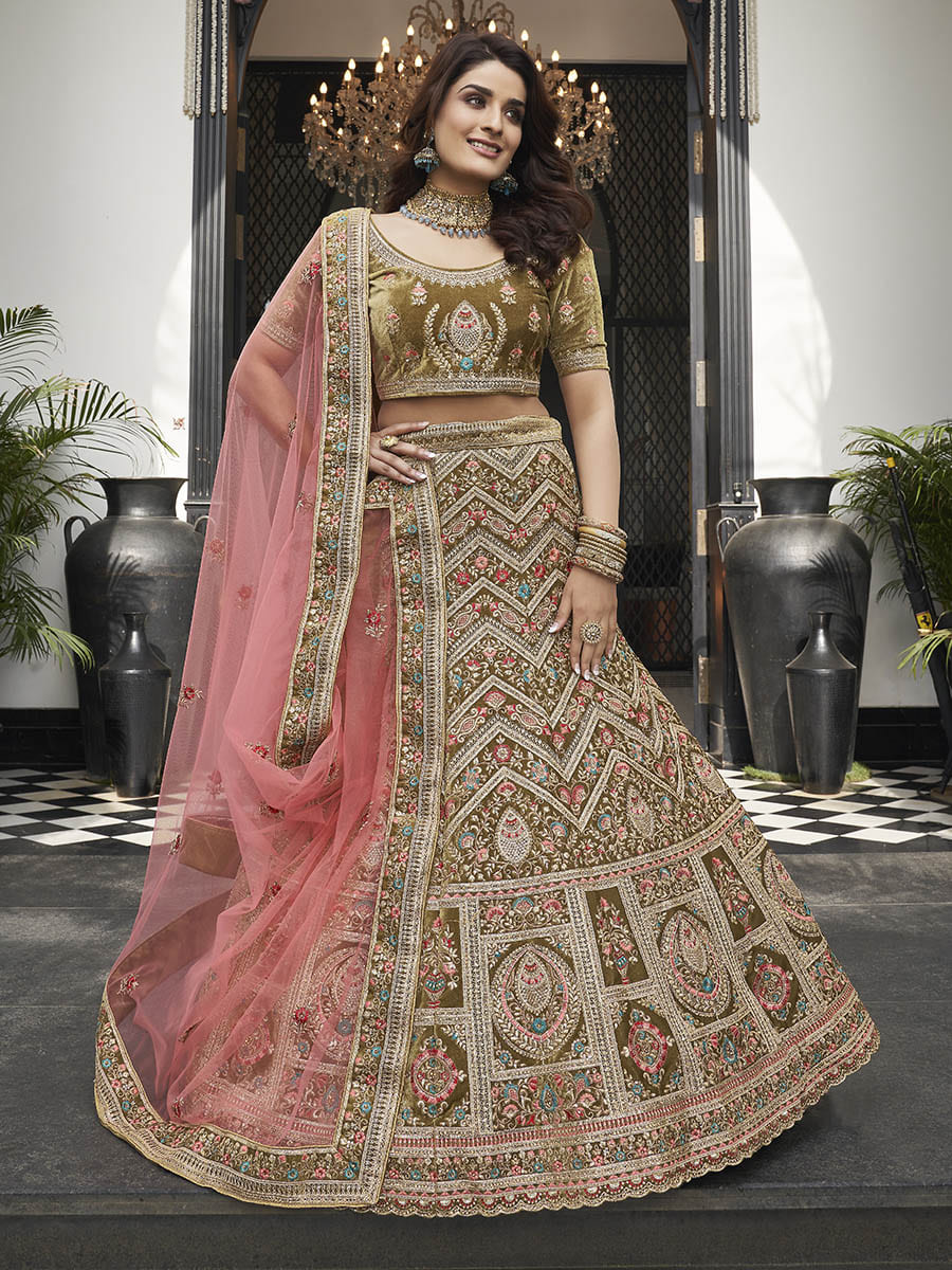Myra Olive Green Velvet Embroidered Designer Lehenga | Grocsy