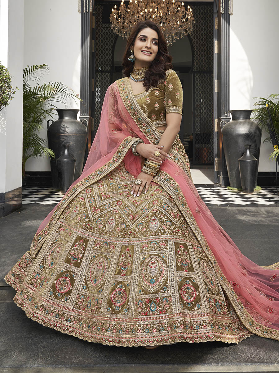 Myra Olive Green Velvet Embroidered Designer Lehenga | Grocsy
