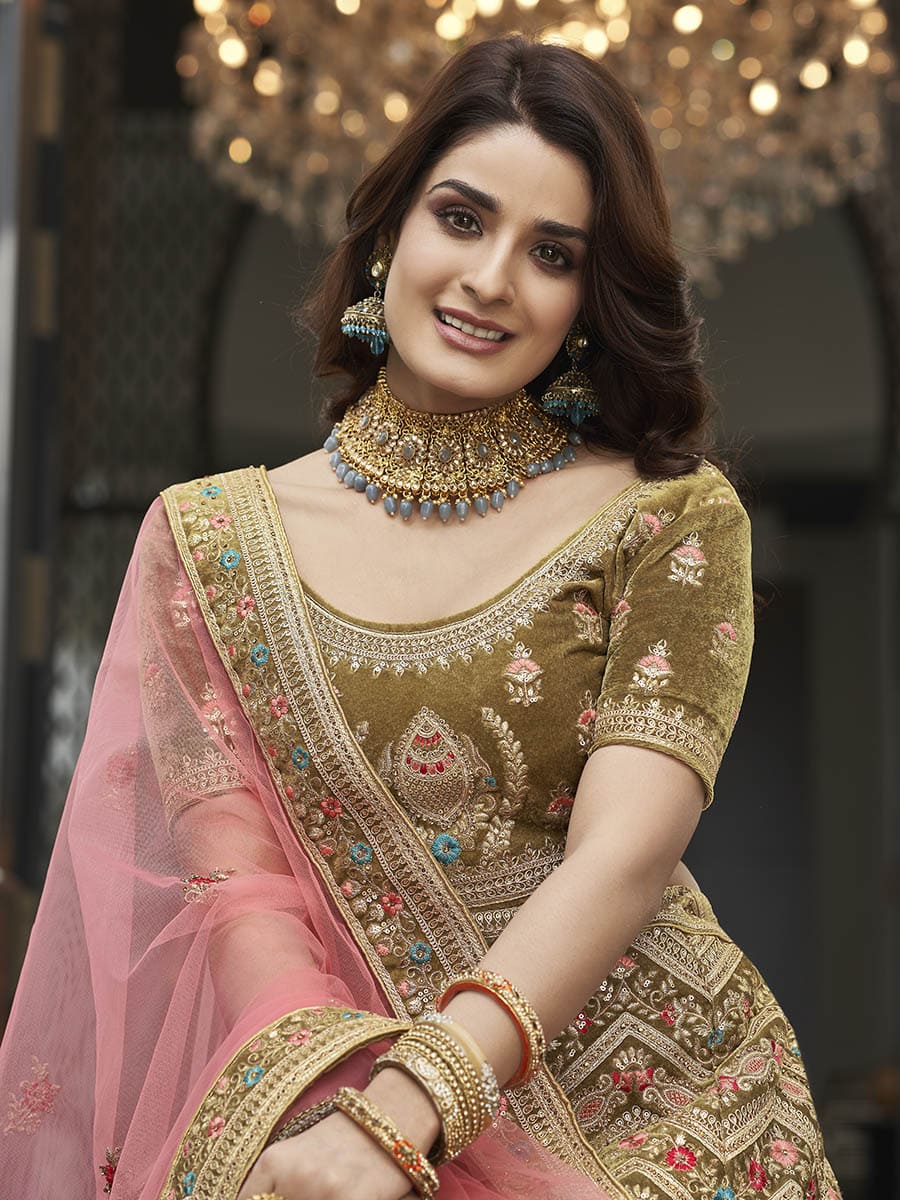 Myra Olive Green Velvet Embroidered Designer Lehenga | Grocsy