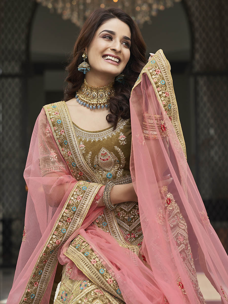 Myra Olive Green Velvet Embroidered Designer Lehenga | Grocsy