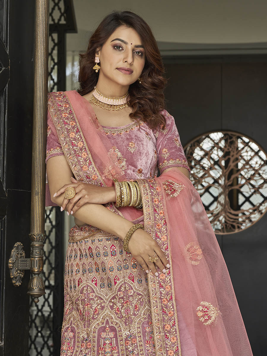 Myra Mauve Velvet Embroidered Designer Lehenga | Grocsy