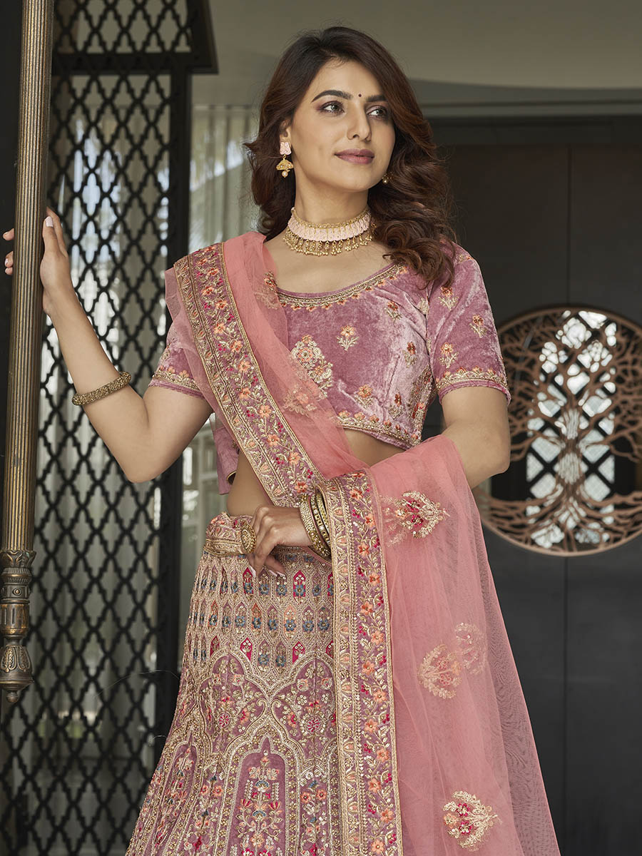 Myra Mauve Velvet Embroidered Designer Lehenga | Grocsy