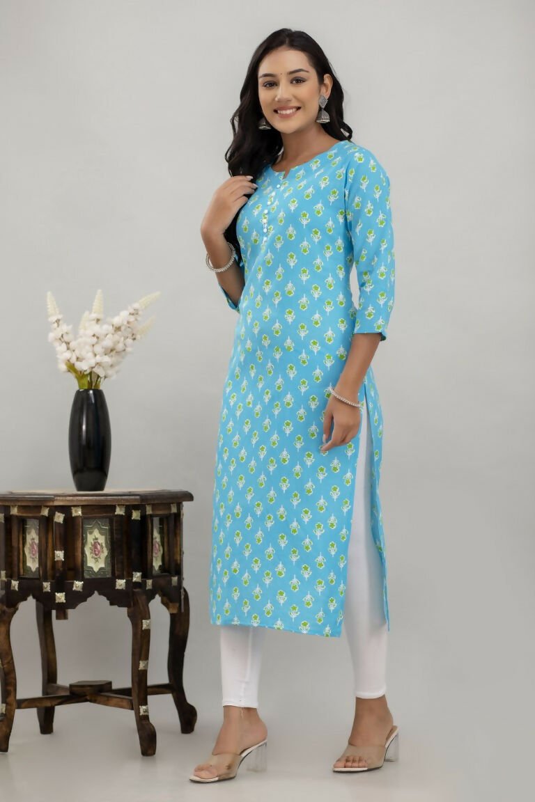 Alvano Printed Straight Kurta for Women and Girls Rayon (Lightblue) | Grocsy