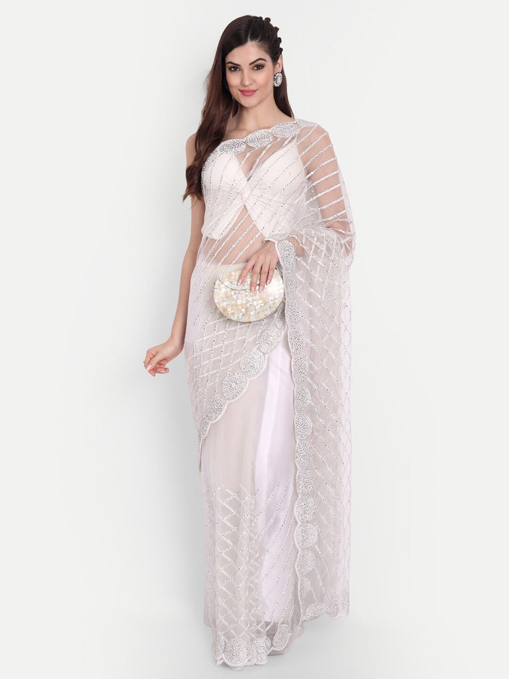 kasee Women White Floral Embroidered Net Saree | Grocsy