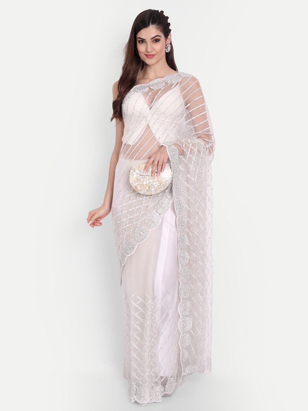kasee Women White Floral Embroidered Net Saree | Grocsy