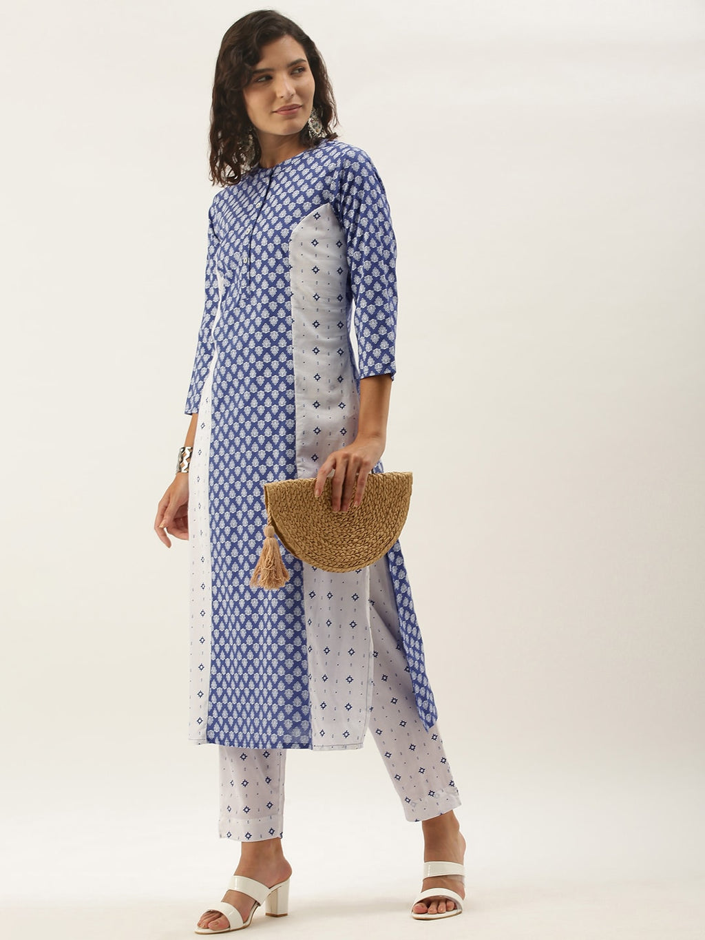 Sangria Women White Ethnic Motifs Printed Panelled Pure Cotton Kurta with Trousers | Grocsy