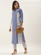 Sangria Women White Ethnic Motifs Printed Panelled Pure Cotton Kurta with Trousers | Grocsy
