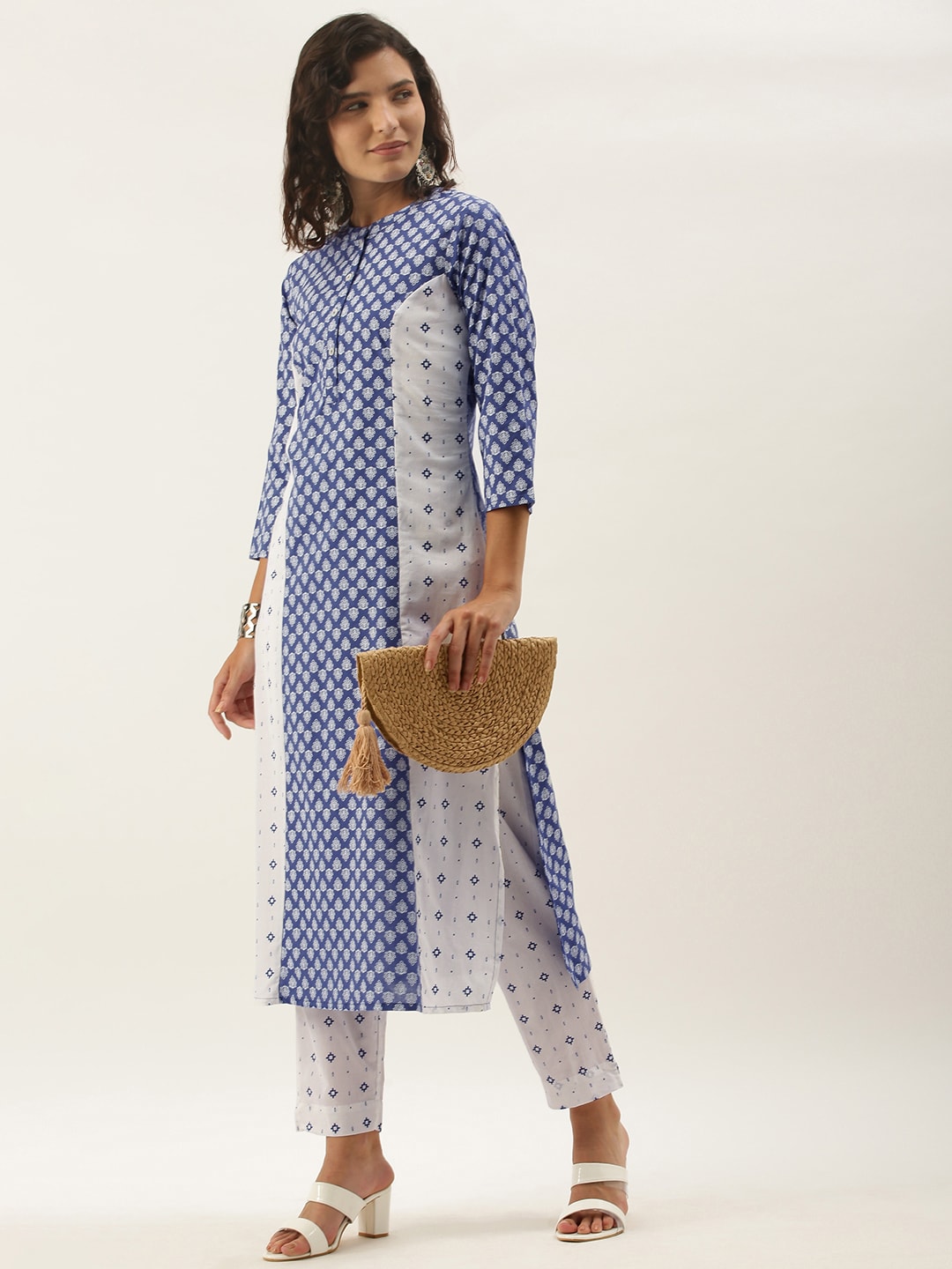 Sangria Women White Ethnic Motifs Printed Panelled Pure Cotton Kurta with Trousers | Grocsy