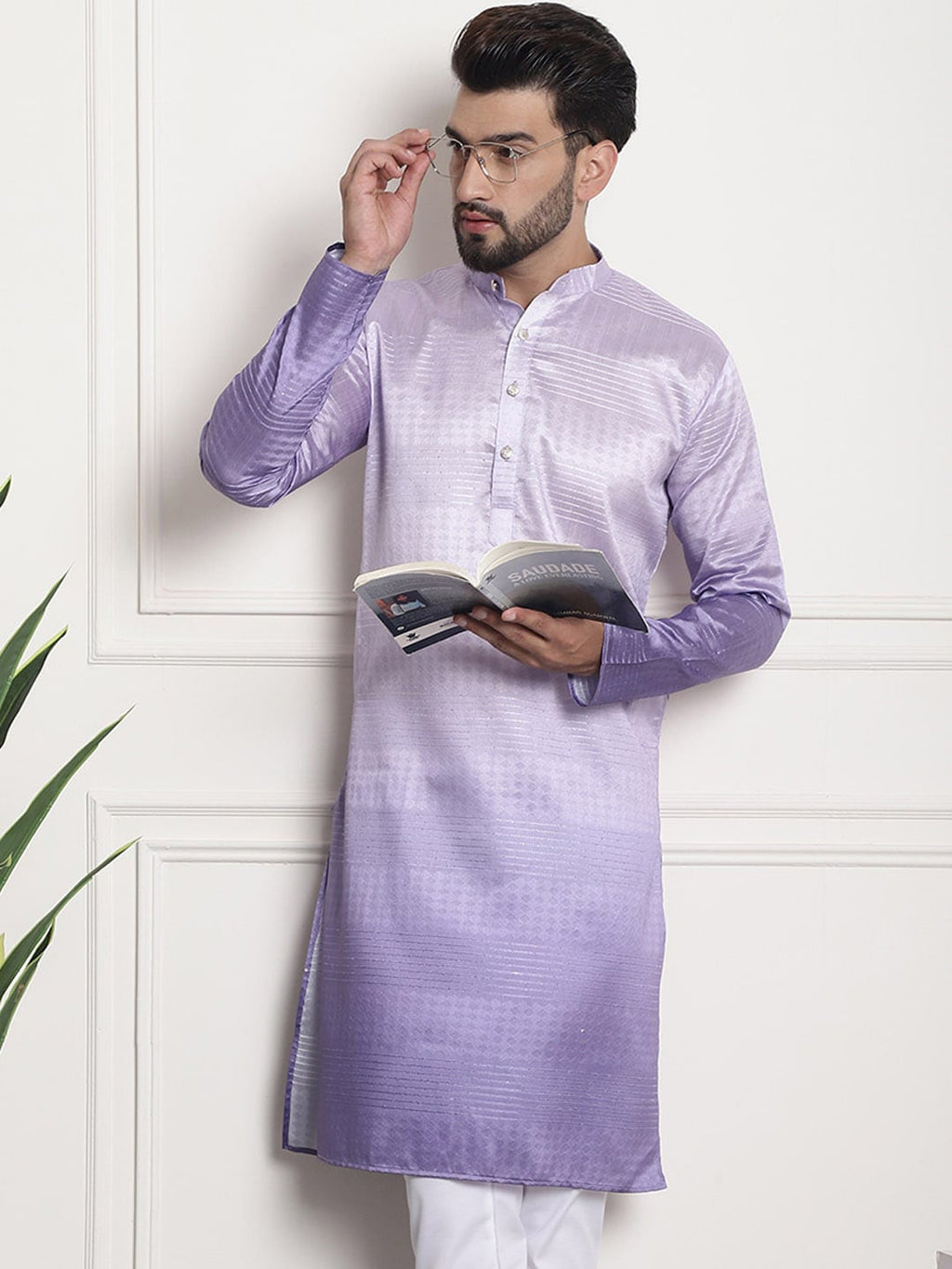 Sojanya Woven Design Mandarin Collar Silk Cotton Kurta | Grocsy