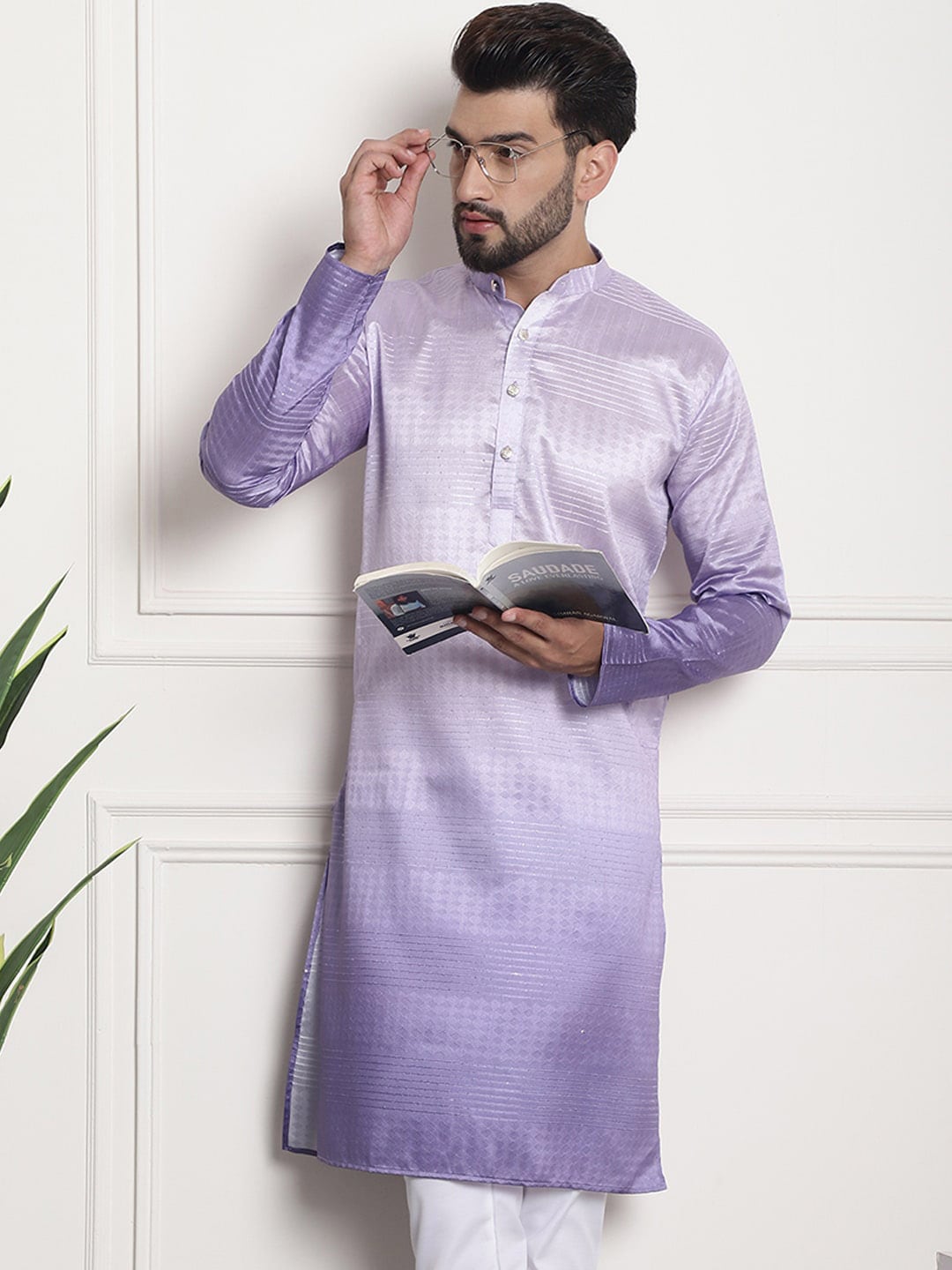 Sojanya Woven Design Mandarin Collar Silk Cotton Kurta | Grocsy