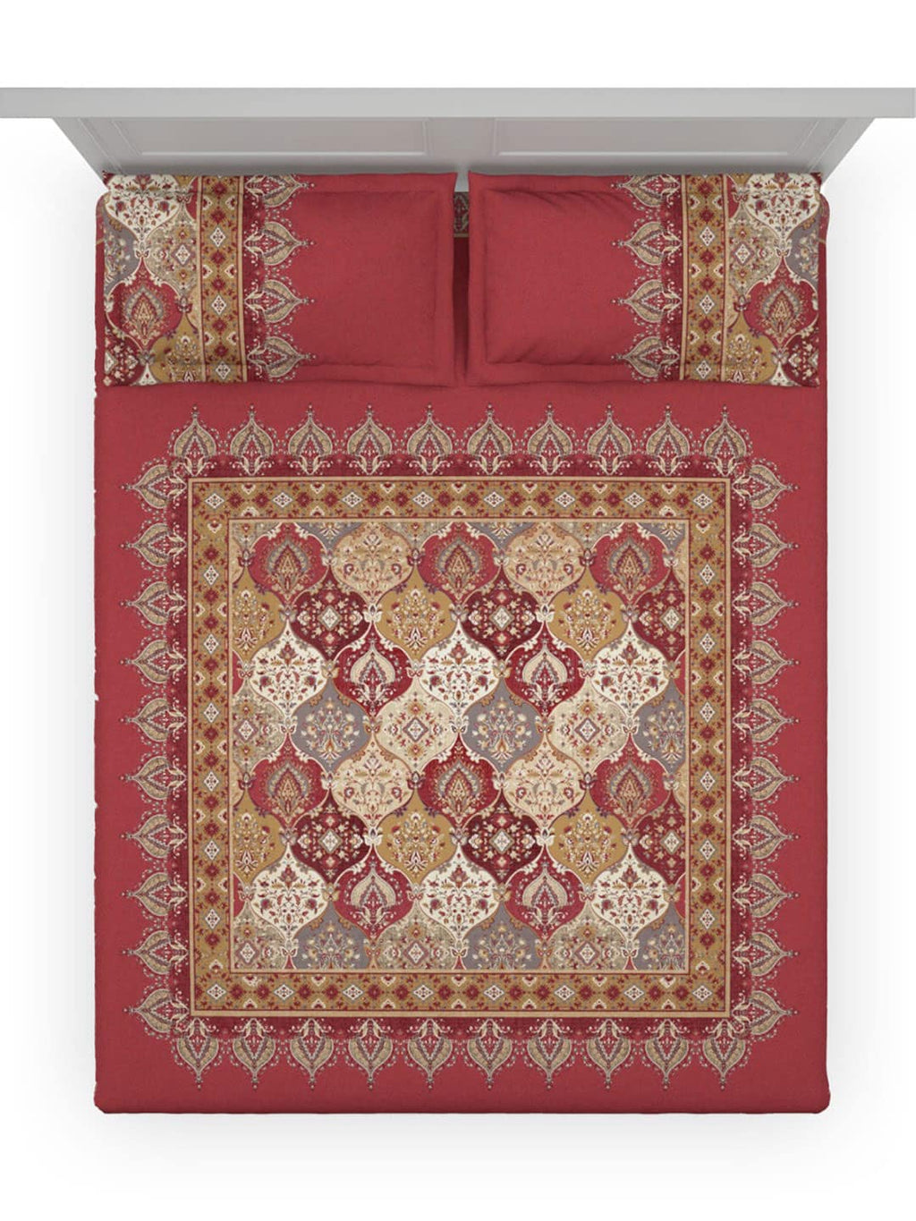 DDecor Red & White Ethnic Motifs Cotton 140 TC King Bedsheet with 2 Pillow Covers | Grocsy