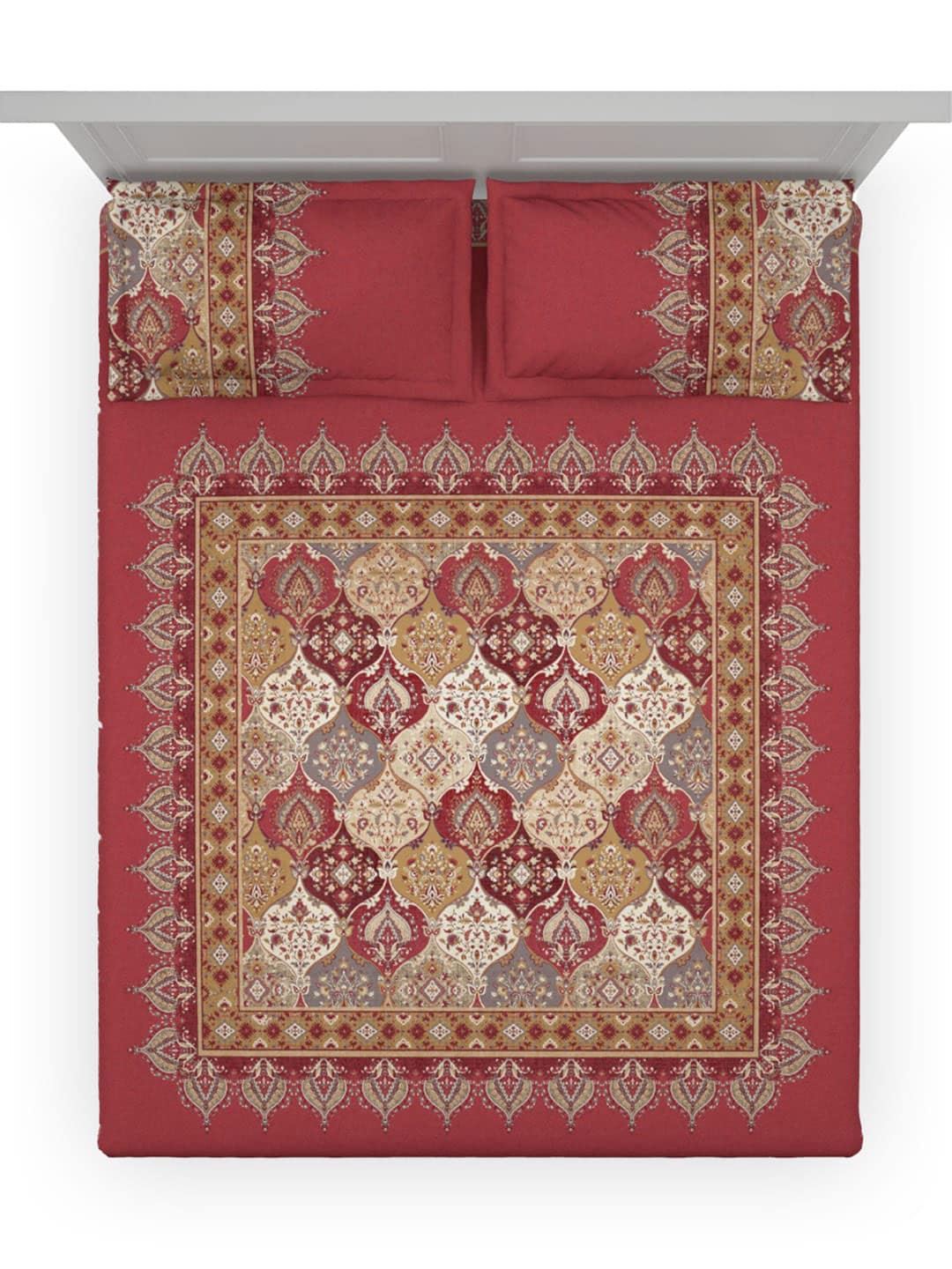 DDecor Red & White Ethnic Motifs Cotton 140 TC King Bedsheet with 2 Pillow Covers | Grocsy