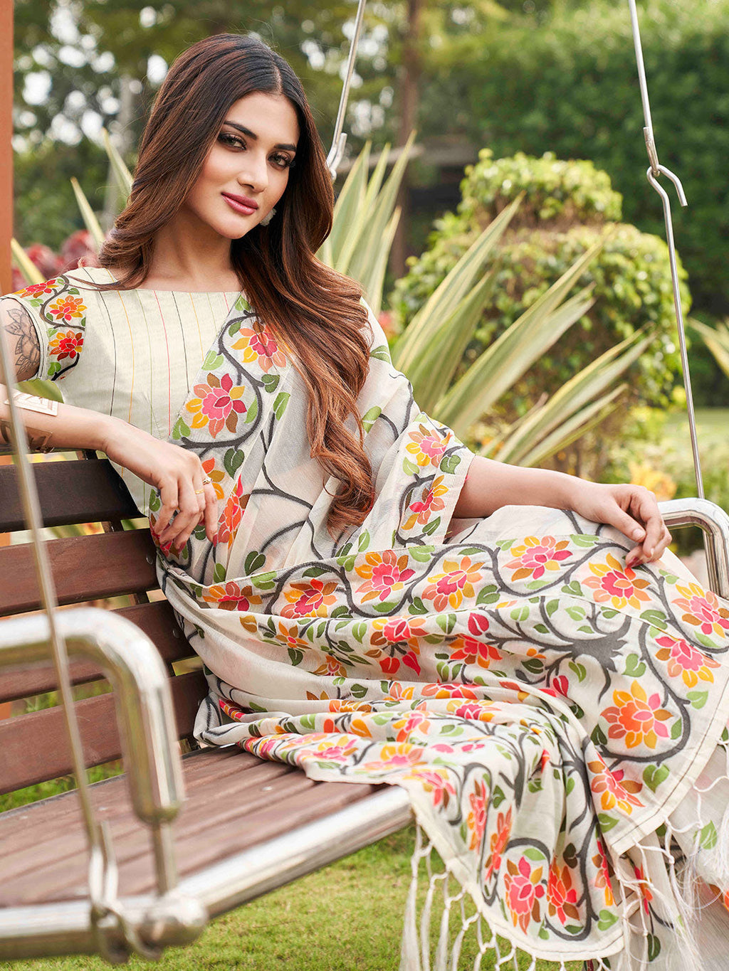 Tikhi Imli White Floral Woven Design Saree | Grocsy