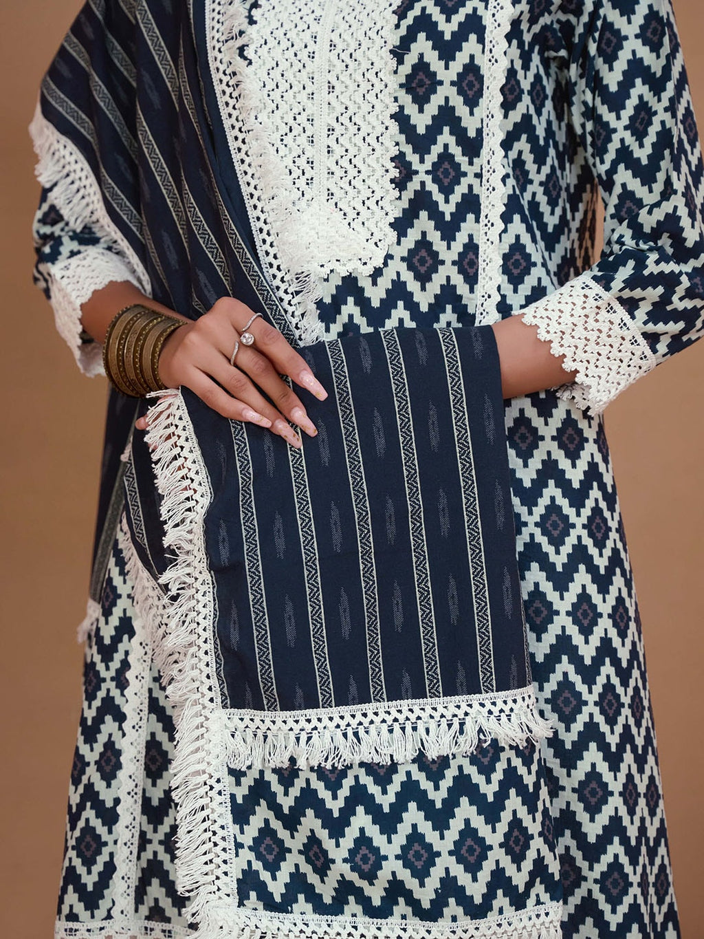 Sangria Navy Blue & White Geometric Printed Pure Cotton Kurta With Palazzos & Dupatta | Grocsy