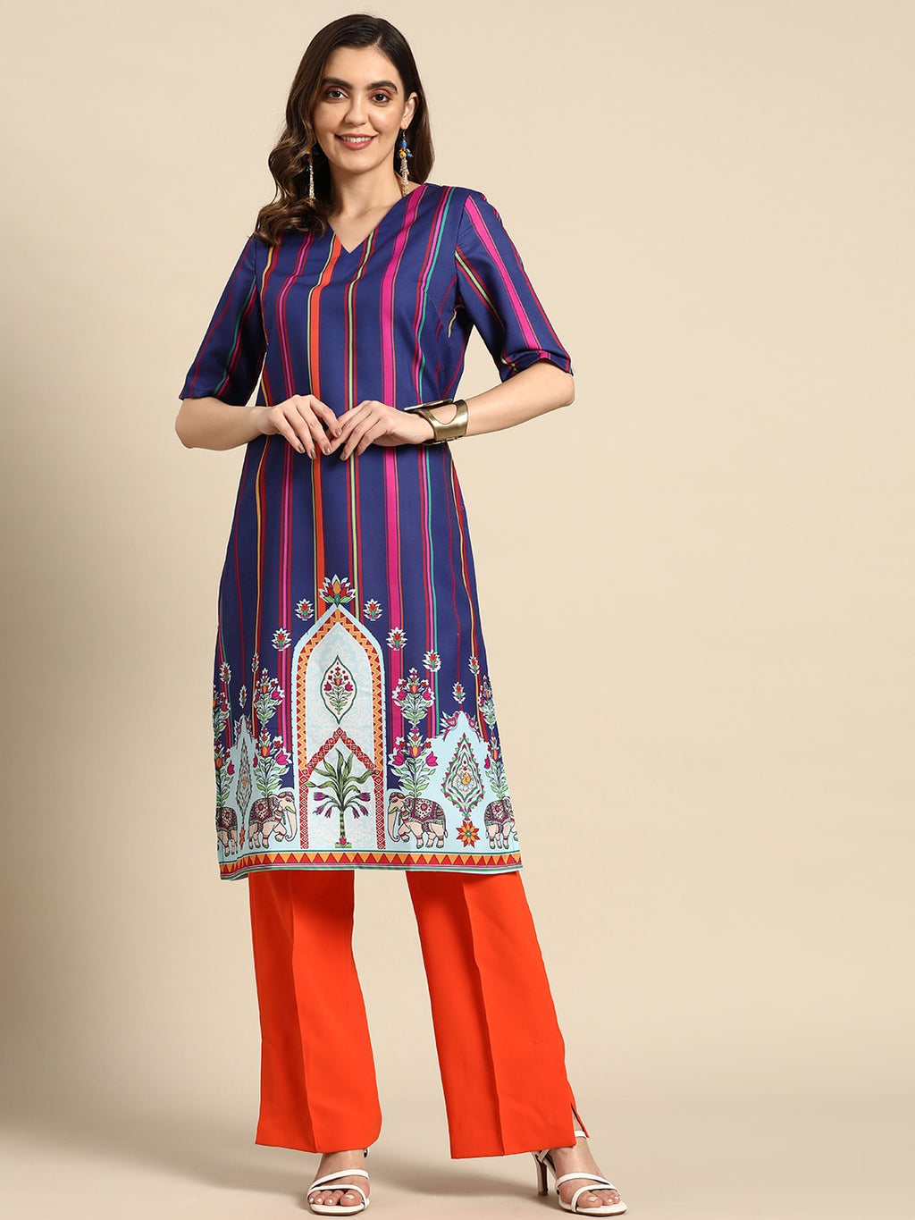Sangria Striped & Printed Detail Kurta | Grocsy