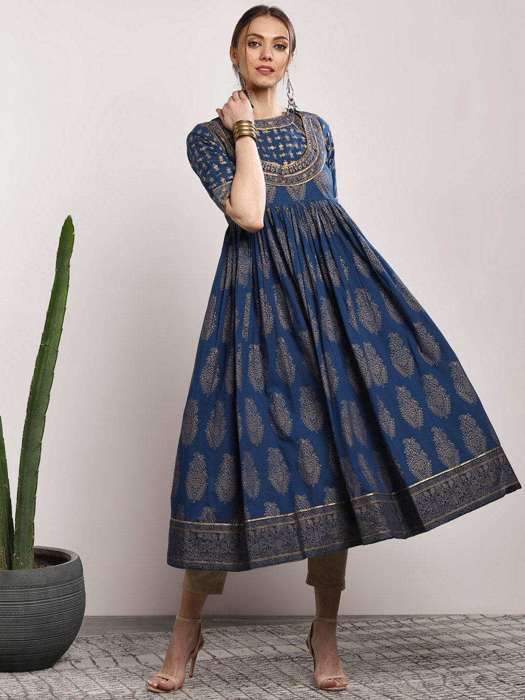 Sangria Women Navy Blue & Gold-Coloured Printed Anarkali Kurta | Grocsy