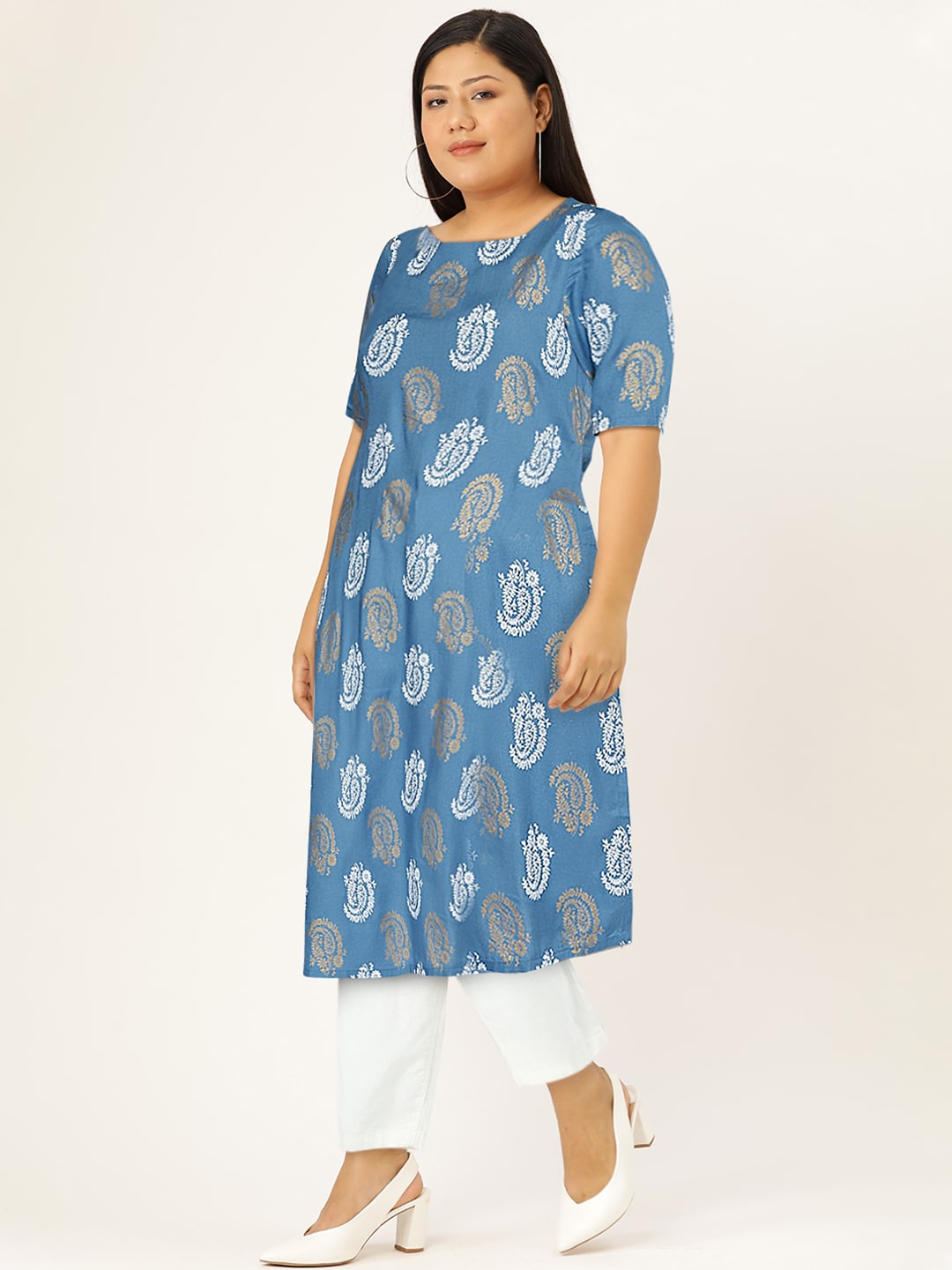 HERE&NOW Women Blue & Golden Paisley Printed Straight Kurta | Grocsy