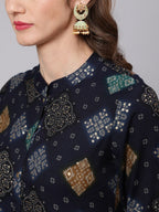 Aks Bandhani Printed Mandarin Collar Straight Kurta | Grocsy