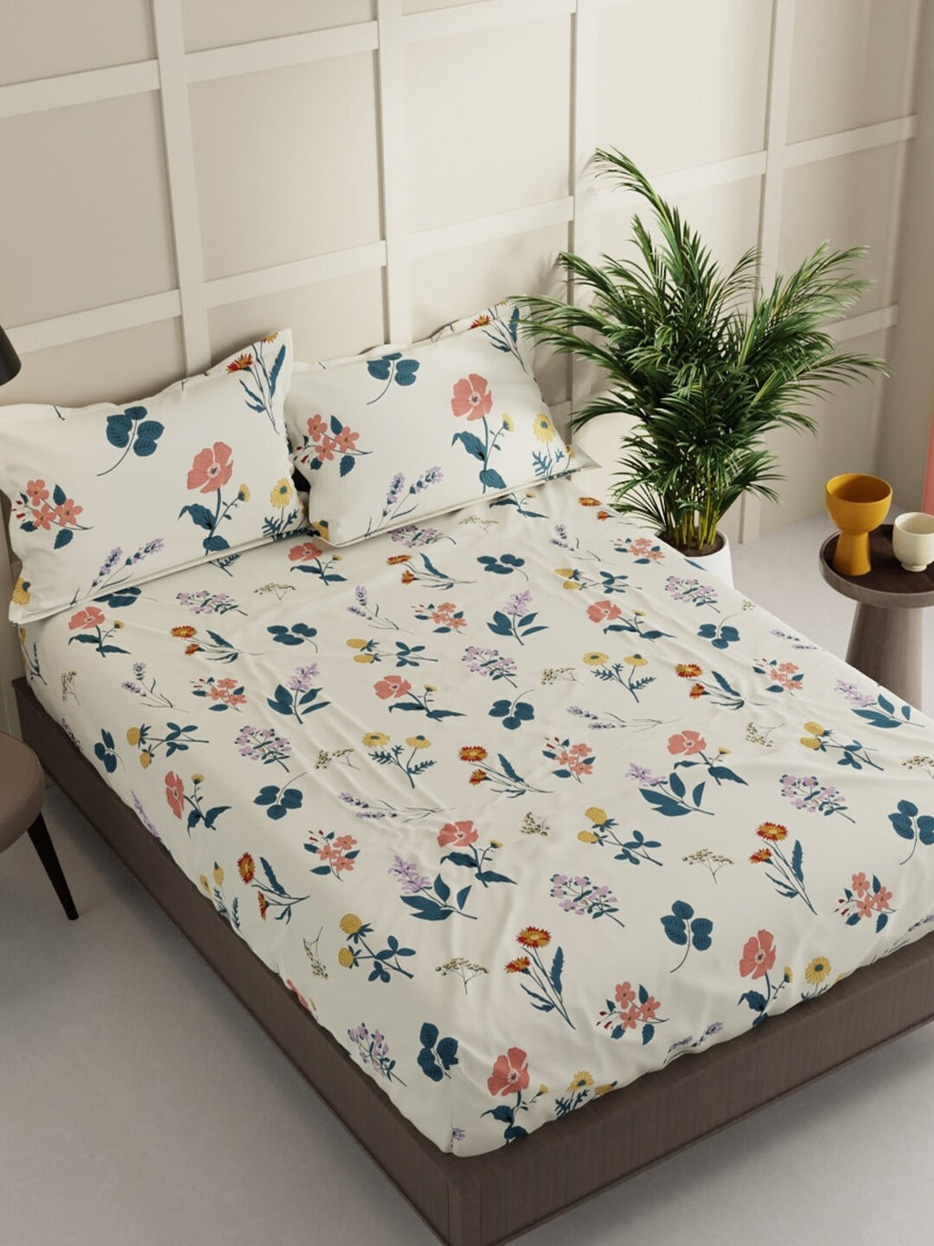BIANCA LA-VOGUE Beige & Green Floral 152 TC Queen Bedsheet With 2 Pillow Covers | Grocsy