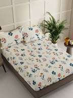 BIANCA LA-VOGUE Beige & Green Floral 152 TC Queen Bedsheet With 2 Pillow Covers | Grocsy