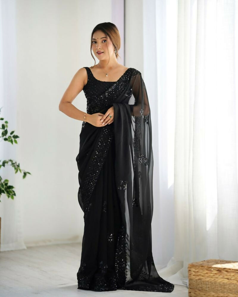 Attractive Looking Georgette Thread, Sequance Embroidery Work Party Wear Saree - Black | Grocsy