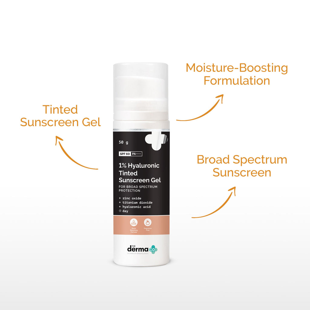 The Derma Co 1% Hyaluronic Tinted Sunscreen SPF 60 Gel PA++++ | Grocsy