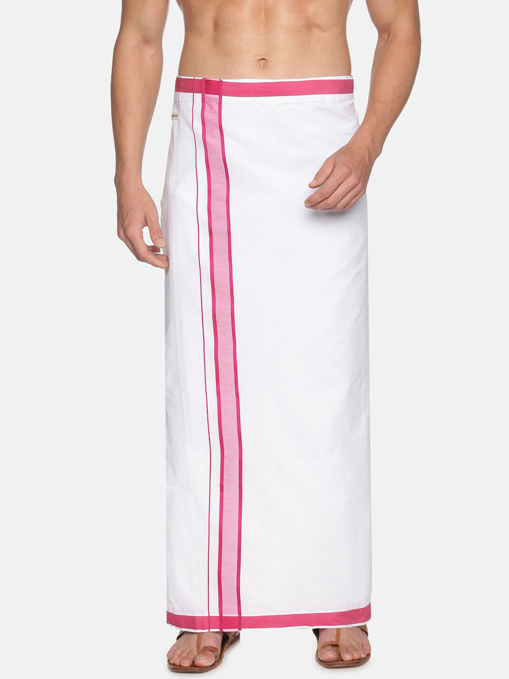 Sethukrishna White & Pink Solid Cotton Dhoti For Men | Grocsy