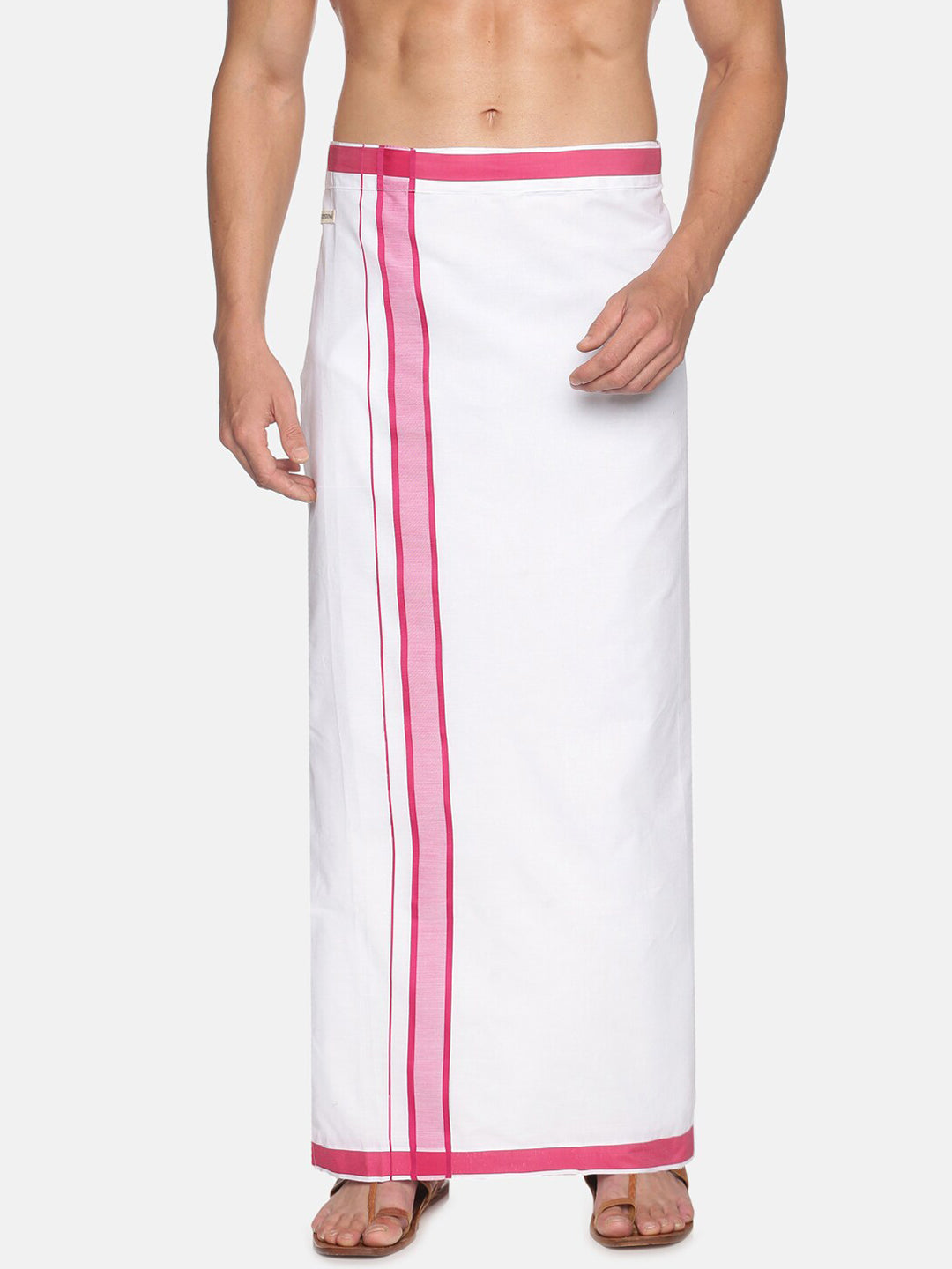 Sethukrishna White & Pink Solid Cotton Dhoti For Men | Grocsy