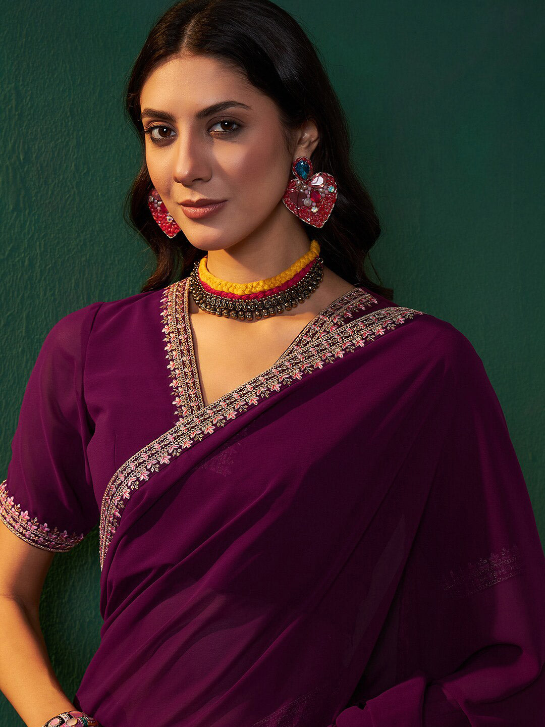 Sangria Embroidered Bordered Sarees | Grocsy